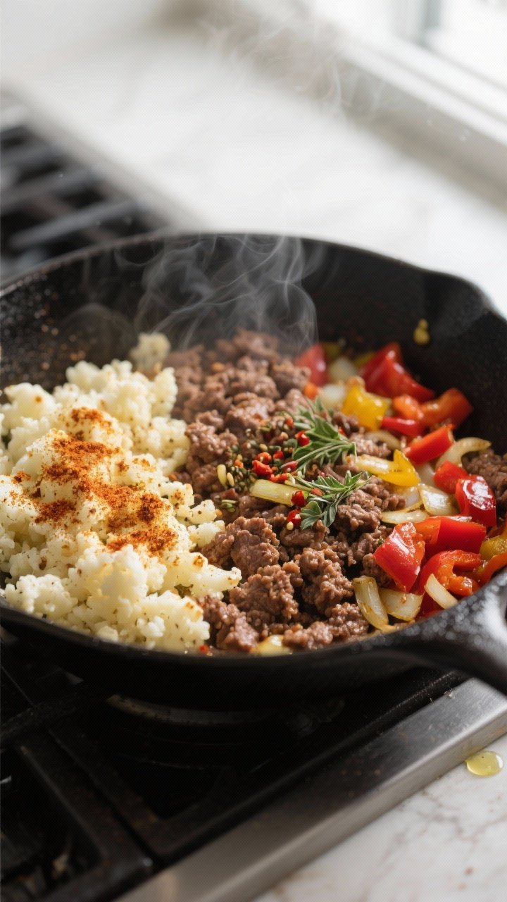 Cooking process close-up: Sizzling keto ground beef hash mid-cook in a matte black skillet, showing 