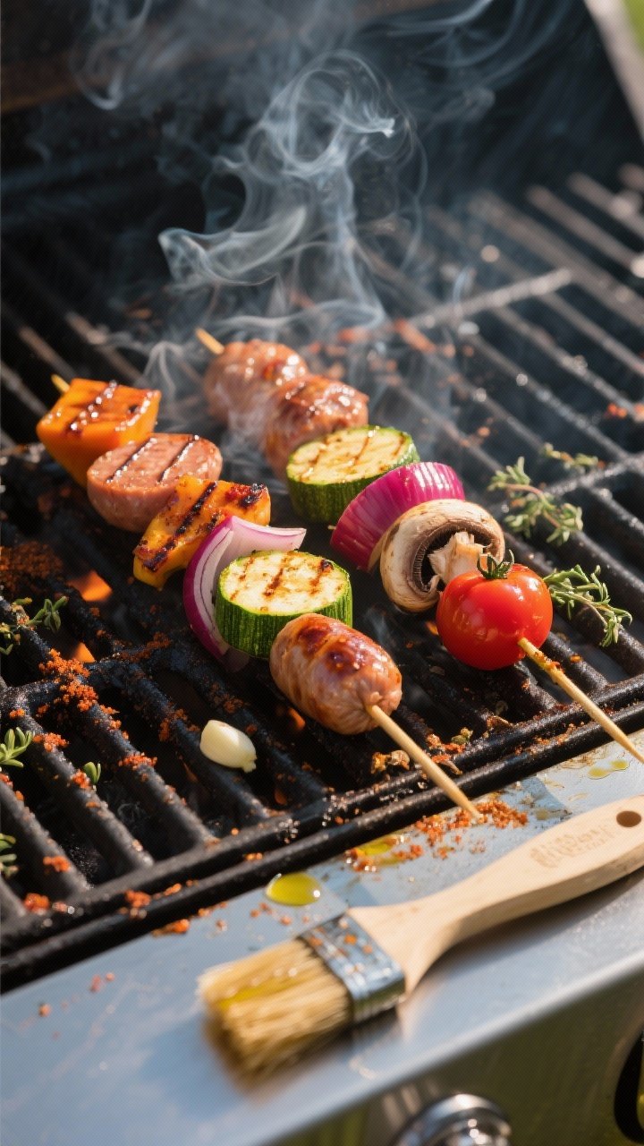 Cooking process: Kabobs on a medium-high grill at peak cook, turned at a 45-degree angle for distinc