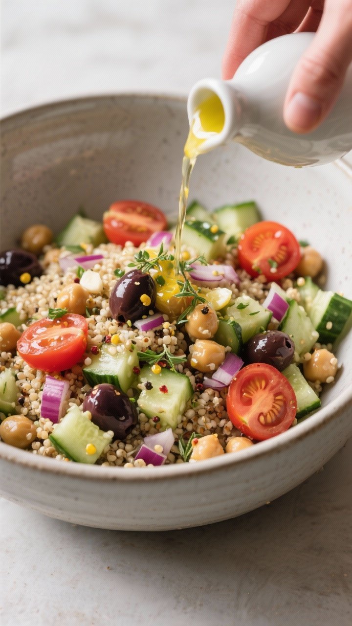 Cooking process: Large mixing bowl with cooled quinoa, halved cherry tomatoes, diced English cucumbe