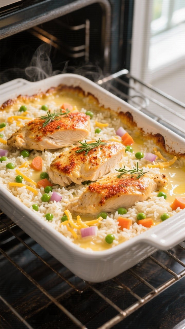 Cooking process, overhead: Overhead shot of a 9x13 baking dish just uncovered in the oven, showing g