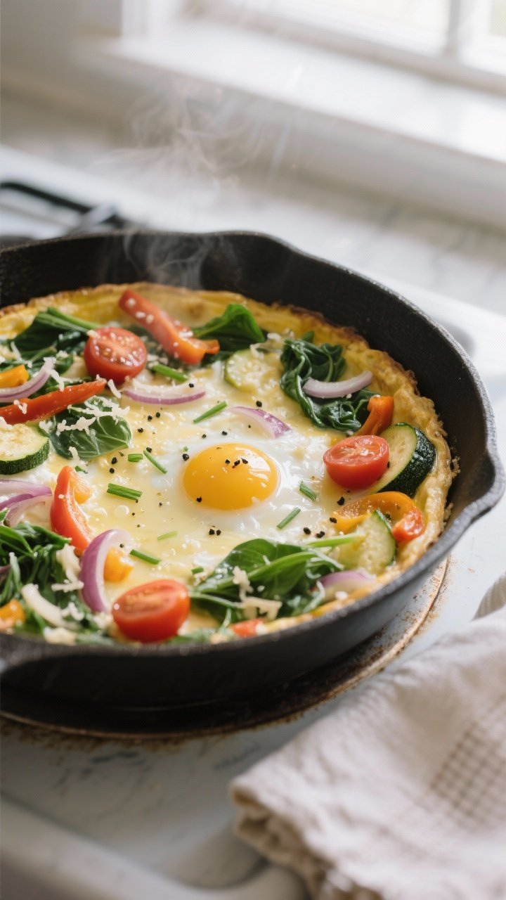 Cooking process, overhead: Overhead shot of a ricotta veggie frittata just after the egg-ricotta mix