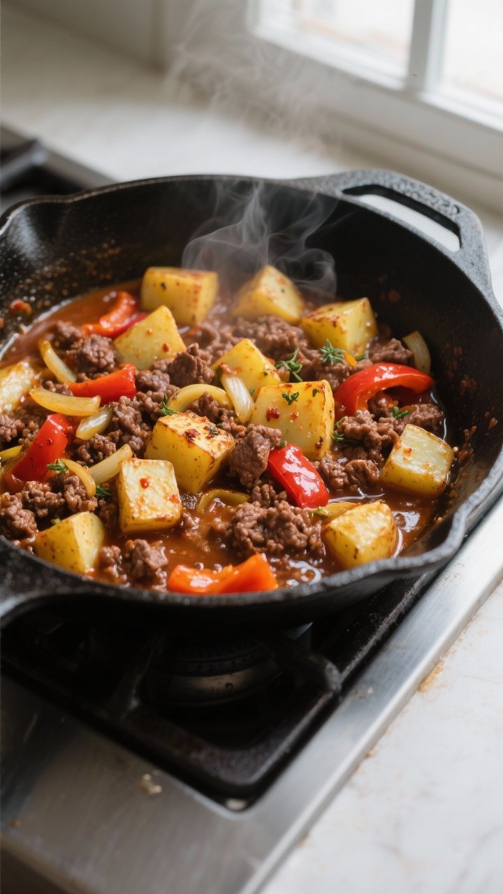 Cooking process, overhead: Overhead shot of a sizzling beef and potato skillet mid-simmer in a 12-in
