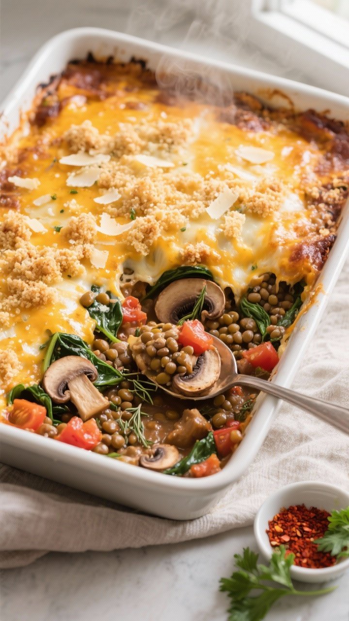 Cooking process, overhead: Overhead shot of the Cheesy Lentil & Mushroom Protein Bake just out of th