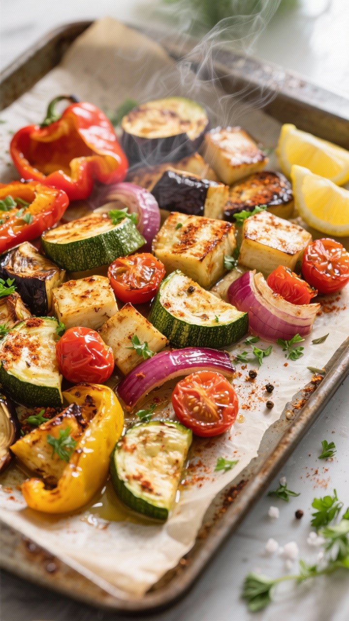 Cooking process, overhead: Roasted vegetable medley just out of the oven on a parchment-lined sheet 
