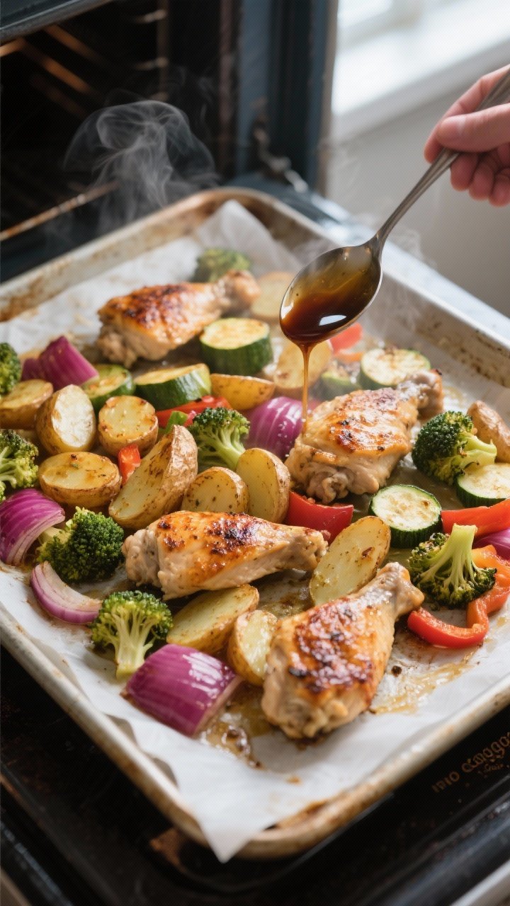 Cooking process: Overhead shot of a hot sheet pan just pulled from the oven mid-recipe “stagger”