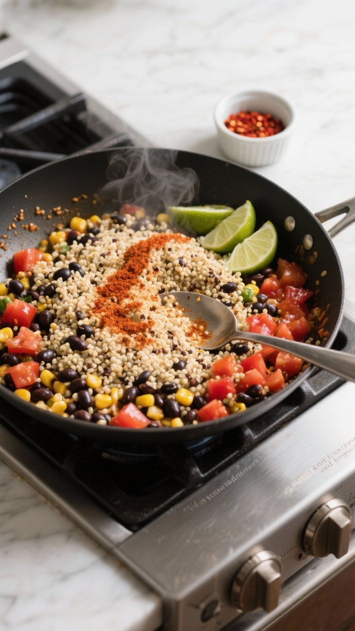 Cooking process: Overhead shot of a large skillet on the stovetop with the finished filling just aft