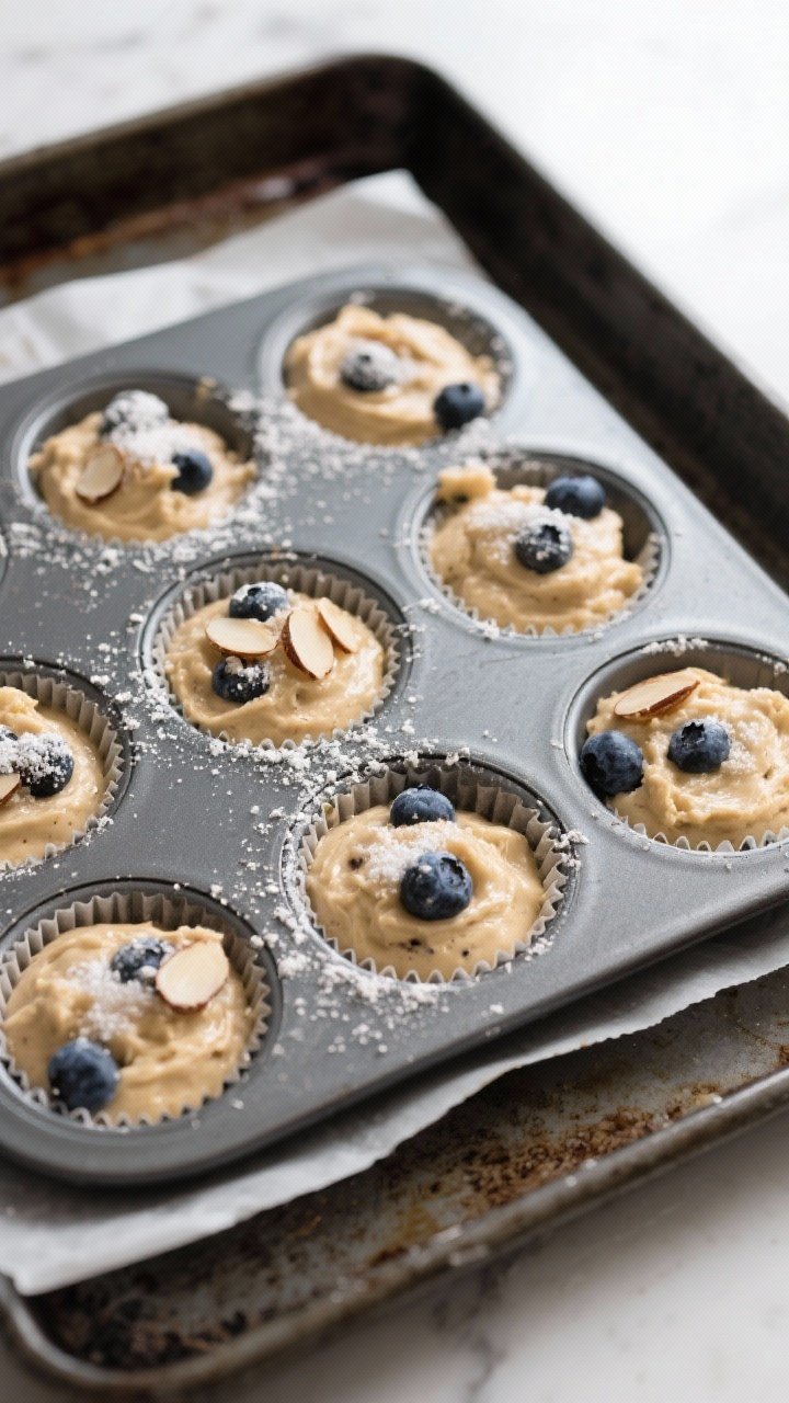 Cooking process: Overhead shot of a muffin tin just filled 3/4 full with thick, scoopable batter stu