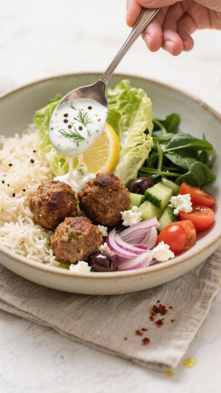 Cooking process: Overhead shot of bowl assembly in progress—warm basmati rice on one side, shredde