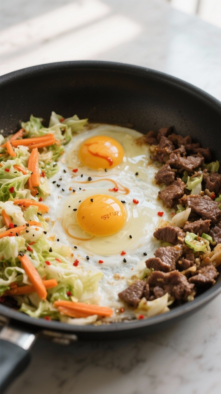 Cooking process: Overhead shot of “egg it up” stage in one large nonstick skillet—beef, cabbag