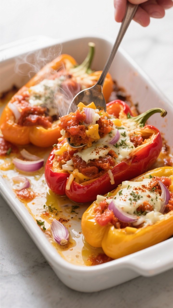 Cooking process: Overhead shot of par-baked pepper shells being generously stuffed “to the top”