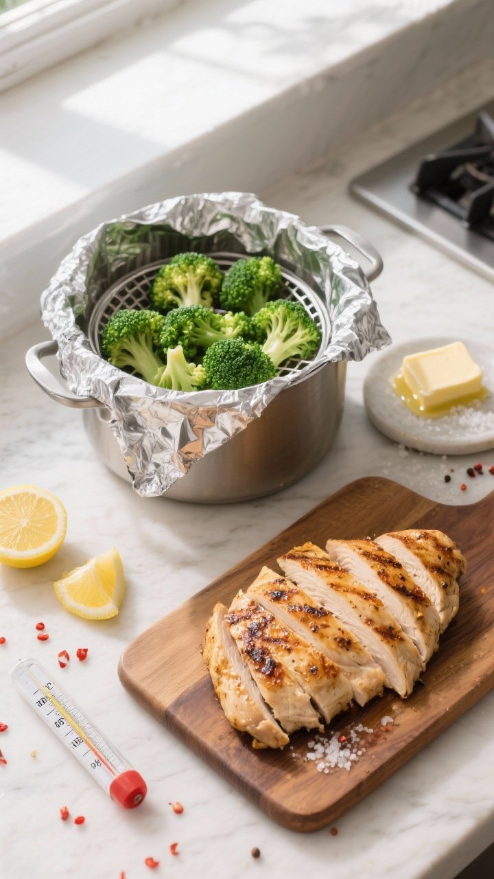 Cooking process: Overhead shot of sliced grilled chicken resting on a wooden board, thermometer read