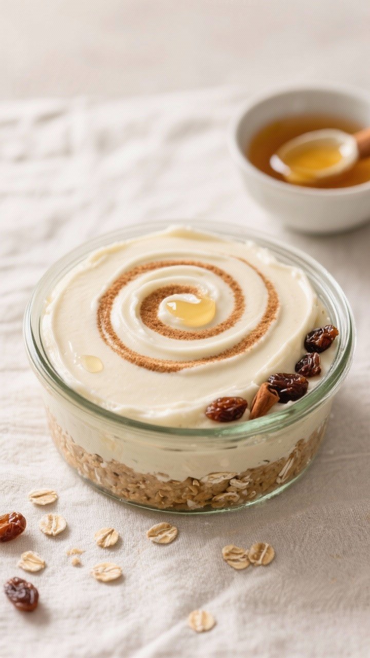 Cooking process: Overhead shot of the assembled oats before chilling, showing a layer of creamy oat