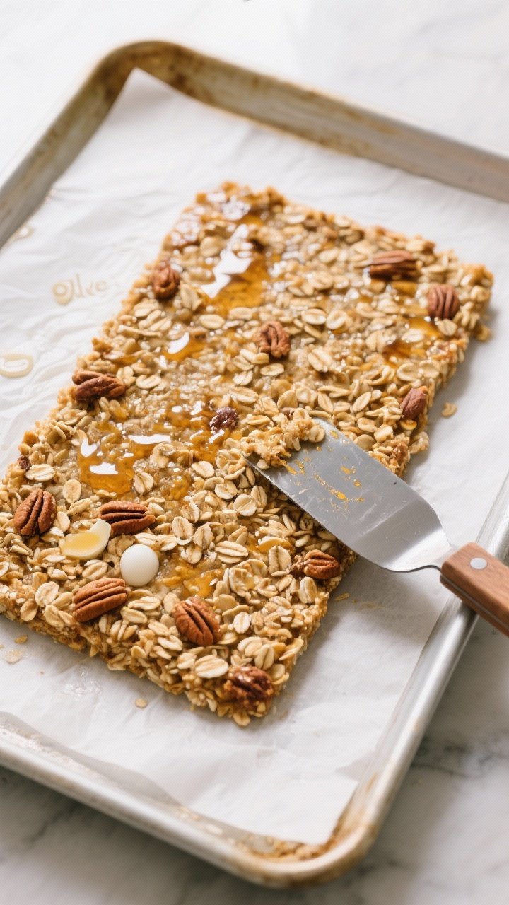 Cooking process: Overhead shot of the granola mixture pressed into a tight, even 1/2-inch slab on a 