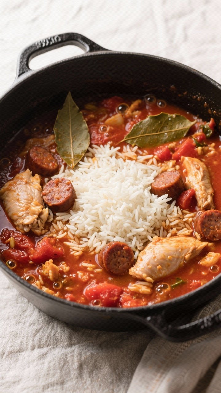 Cooking process: Overhead shot of the one-pot jambalaya mid-simmer after rice is added—long-grain