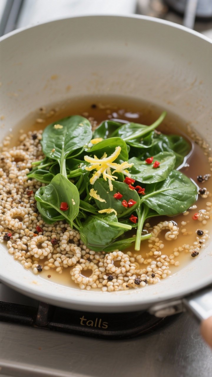 Cooking process: Overhead shot of the quinoa simmering in broth with soy/tamari, showing tiny spiral