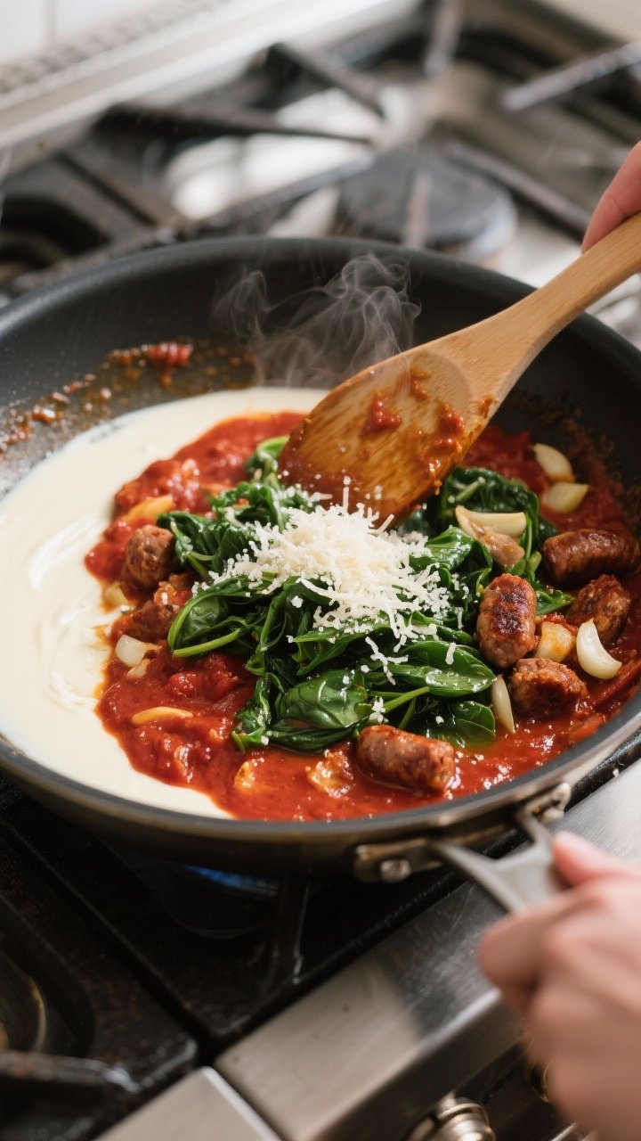 Cooking process: Overhead shot of the sauce step in a large stainless skillet—tomato paste darkene