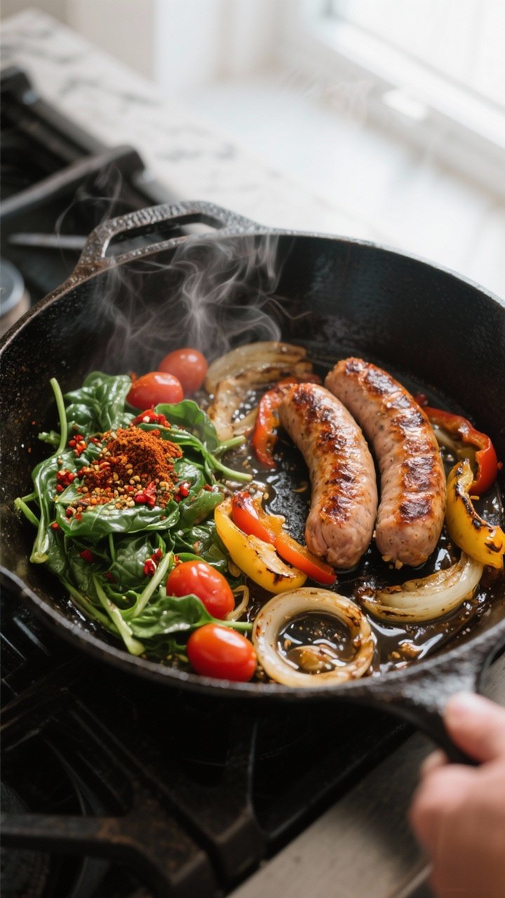 Cooking process: Overhead shot of the sauté stage in a wide, well-seasoned cast-iron skillet—chic