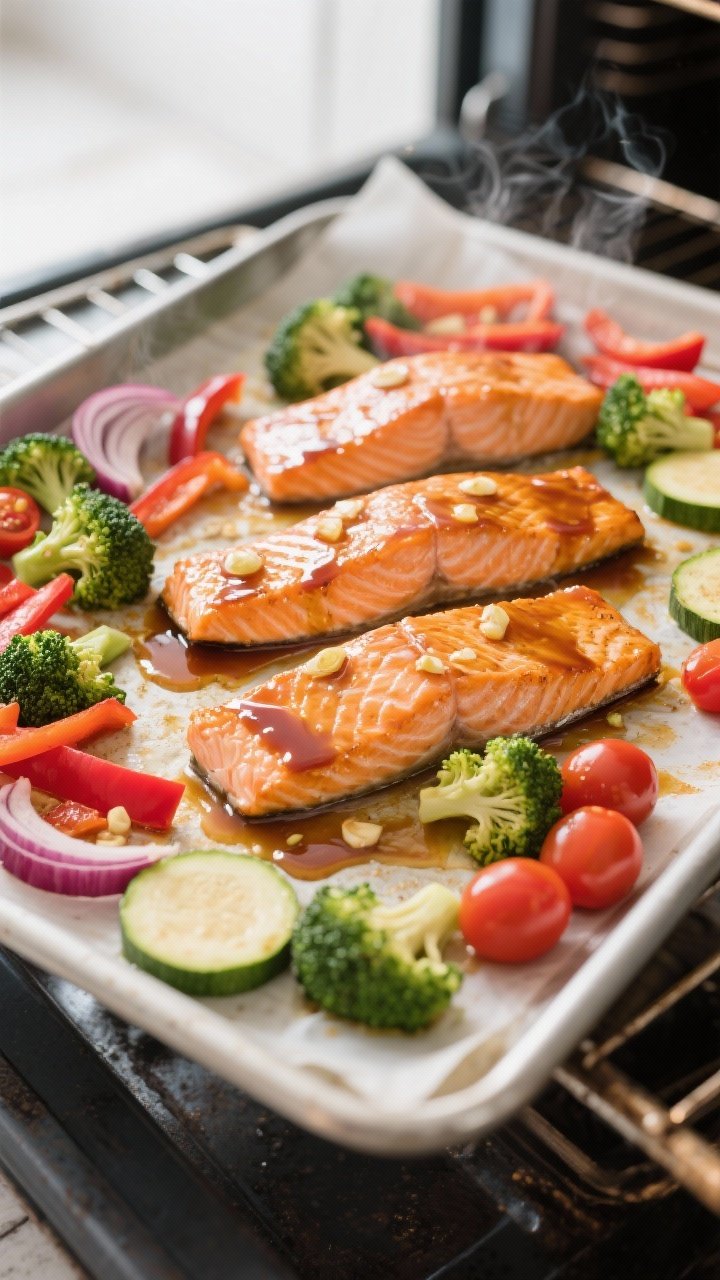 Cooking process: Overhead shot of the sheet-pan midway through cooking after the veggie head start a