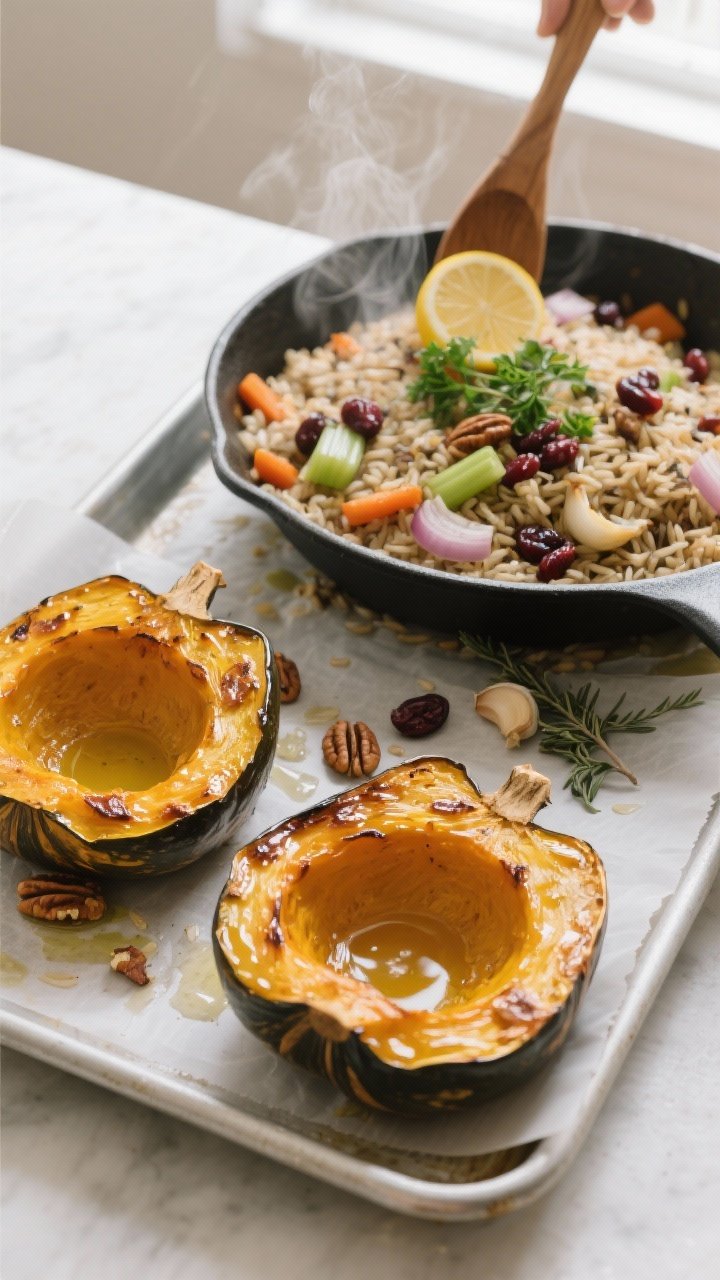 Cooking process, overhead shot: Roasted acorn squash halves just flipped cut-side up on a parchment-