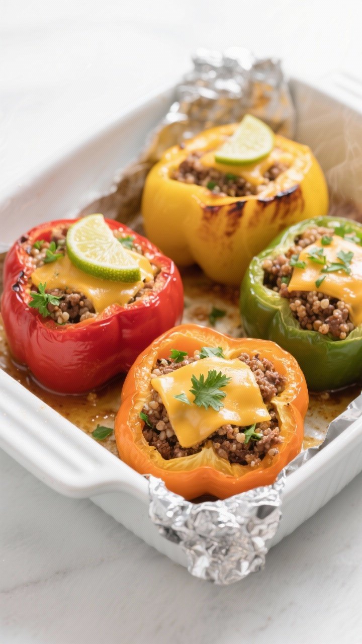 Cooking process: Par-baked rainbow bell peppers (red, yellow, orange, green) stuffed to the brim wit