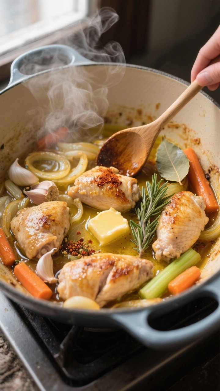 Cooking process — sauté and bloom: A steamy, mid-cook shot of tender, lightly browned chicken pie