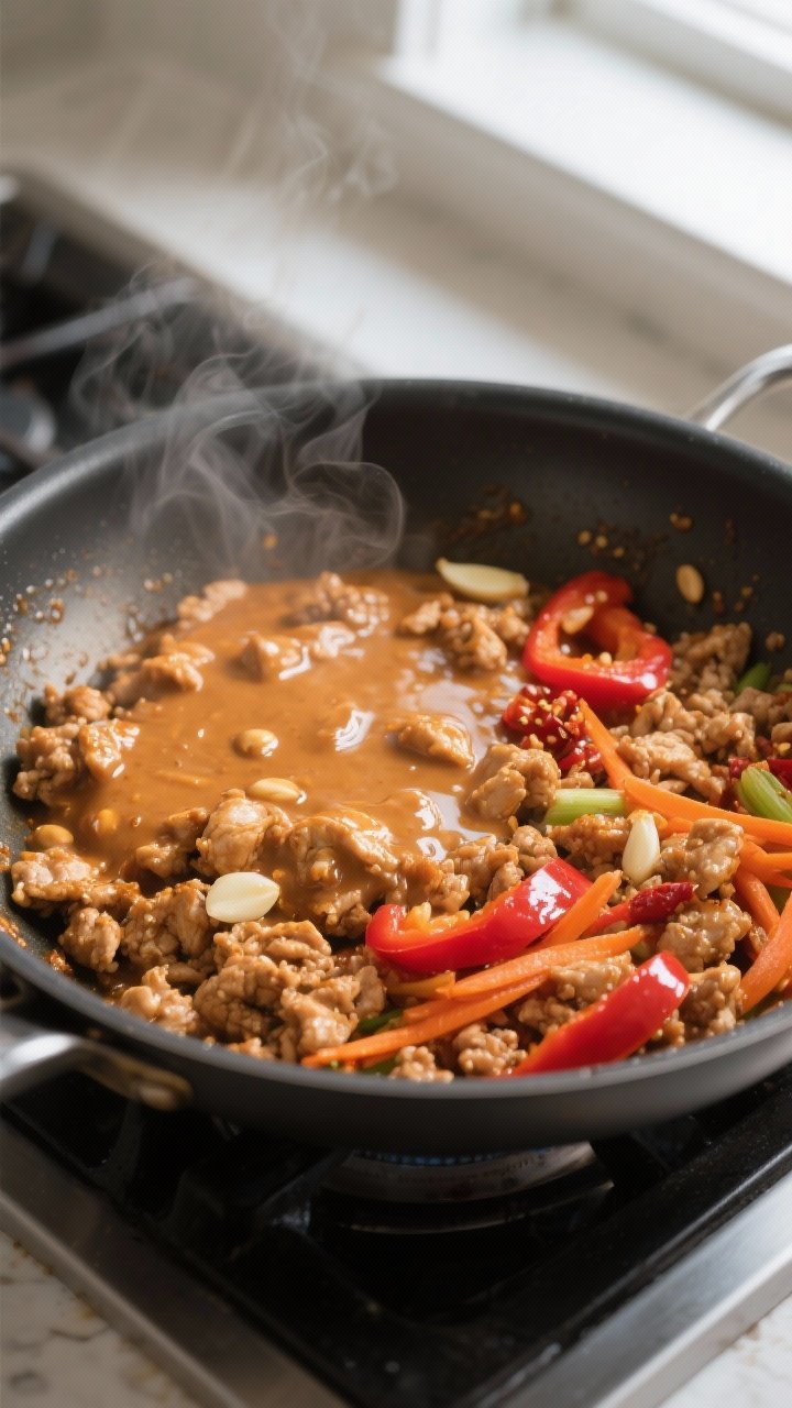 Cooking process — Sauté and sauce: Close-up of glossy Thai peanut chicken filling sizzling in a w