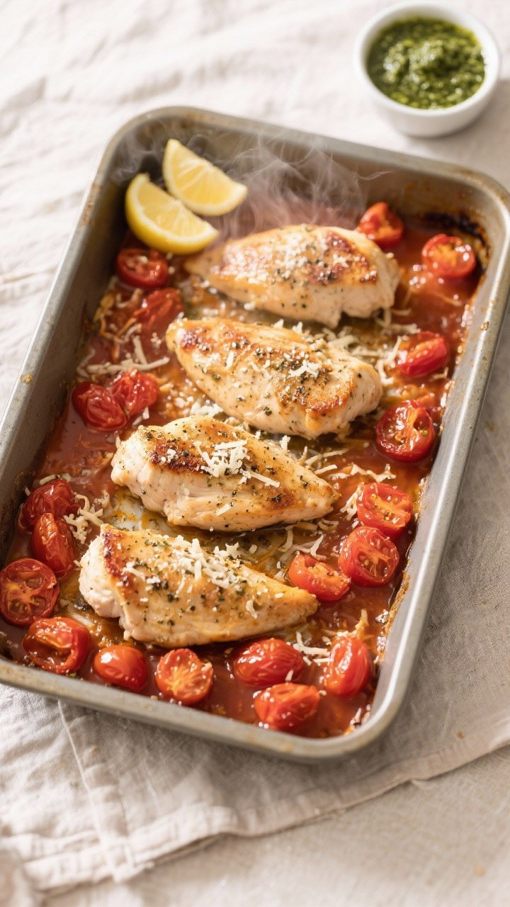 Cooking process shot: Overhead view of a 9x13-inch pan just out of a 400°F oven—four seasoned chi