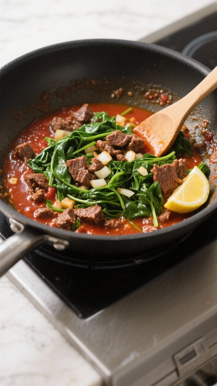 Cooking process shot: Overhead view of a large skillet on the stove with the saucy beef–spinach mi