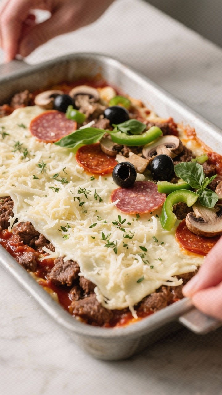 Cooking process shot: Seasoned beef and marinara mixture layered in a greased baking dish, half the 