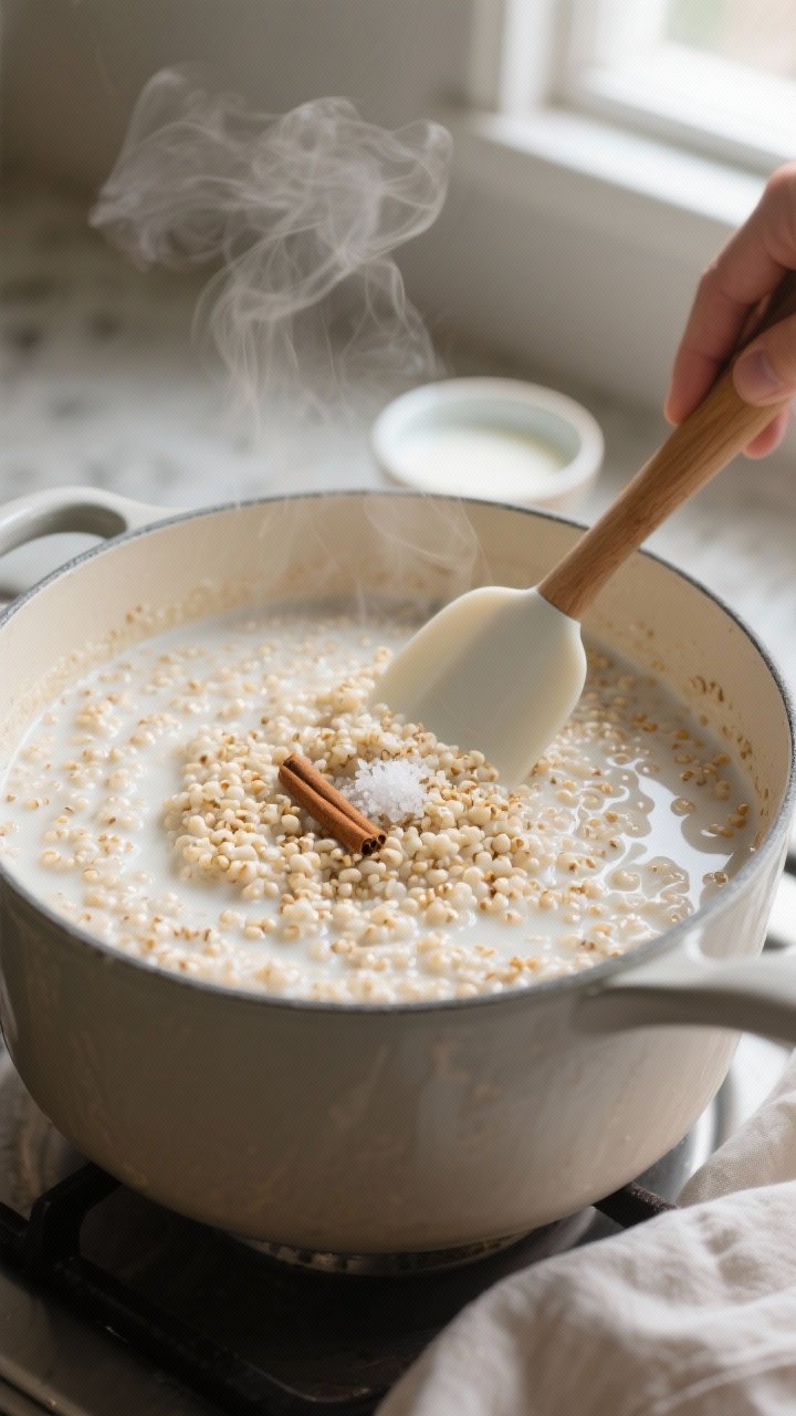 Cooking process shot: Steamy saucepan of creamy quinoa breakfast porridge mid-simmer, tender translu
