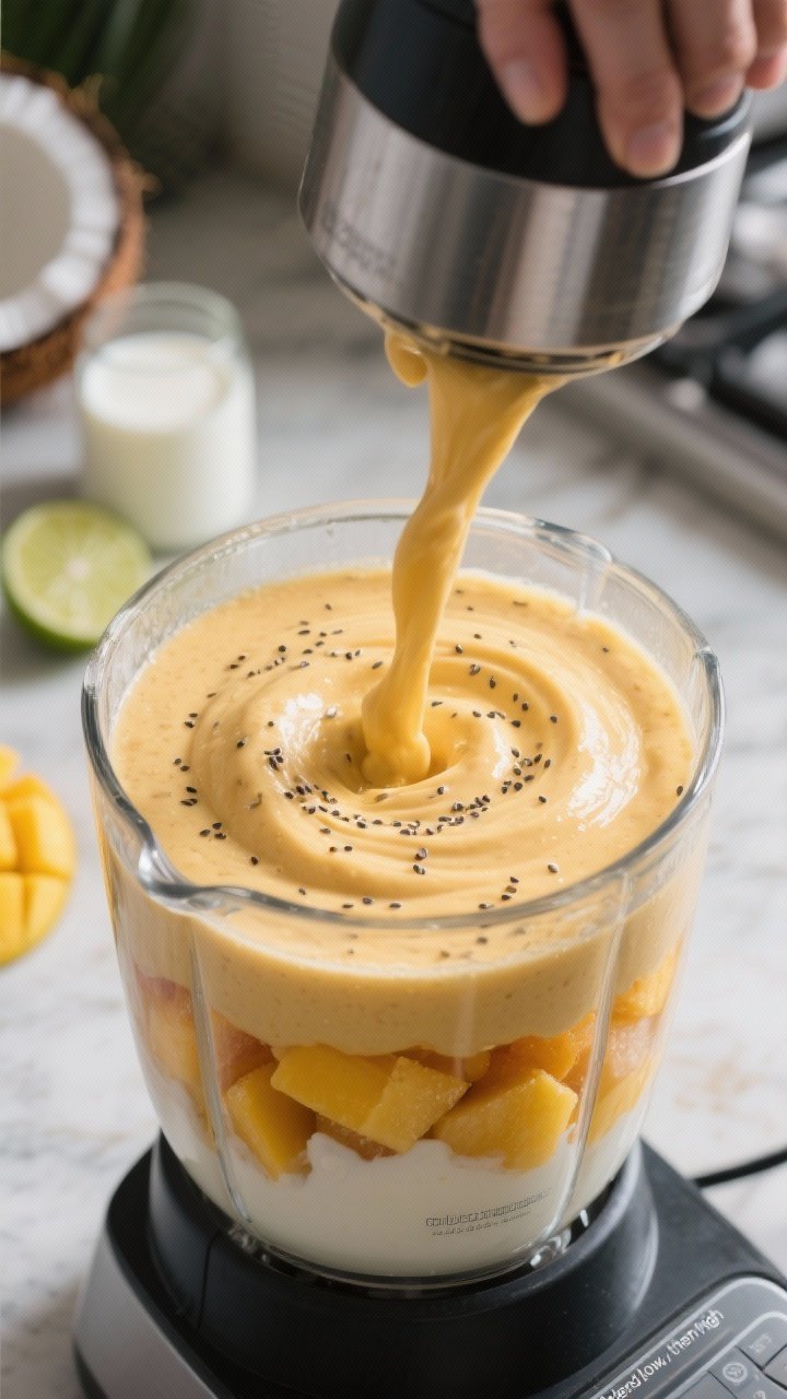 Cooking process shot: Thick mango-coconut yogurt smoothie being blended to a velvety, spoonable text