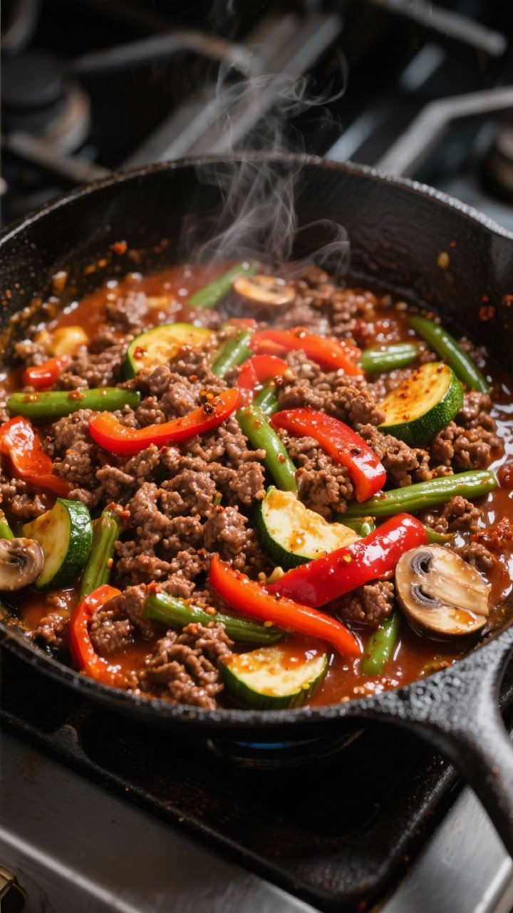 Cooking process: Sizzling veggie-packed beef skillet mid-cook in a 12-inch cast-iron pan, overhead s