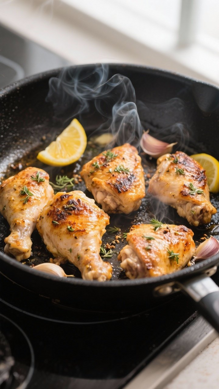 Cooking process: Skillet scene of marinated Greek chicken thighs searing over medium-high heat, gold