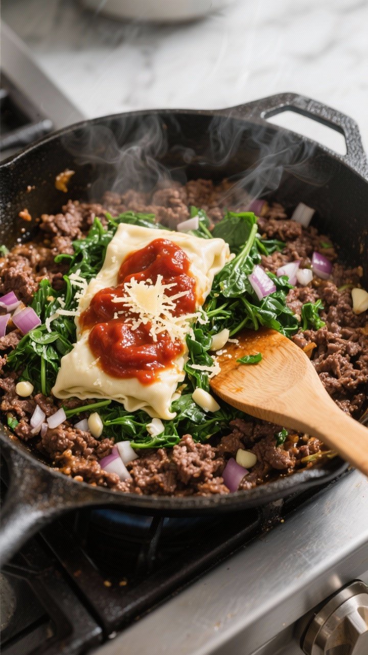 Cooking process: Skillet shot of the browned beef mixture being finished—tomato paste and a splash
