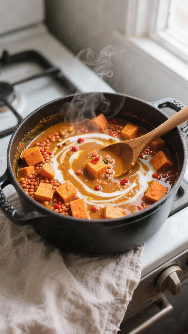 Cooking process — Sweet Potato and Lentil Curry simmering in a wide, matte black Dutch oven: overh