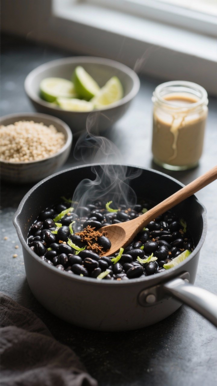 Cooking process: Warm black beans in a small matte saucepan, steam gently rising, studded with lime 