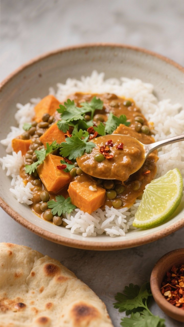 Final dish — Beautifully plated Sweet Potato and Lentil Curry over steamed jasmine rice: 3/4 angle