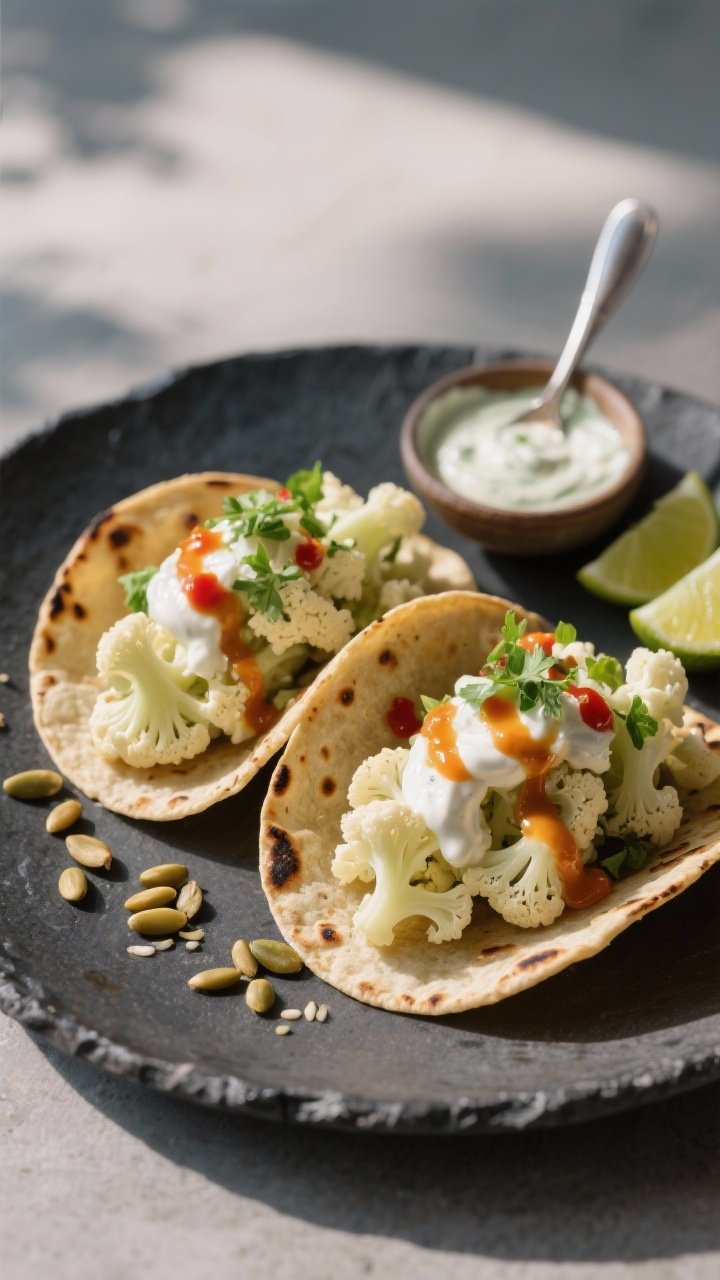 Final dish beauty: Restaurant-quality presentation of two tacos on a dark stoneware plate, cauliflow
