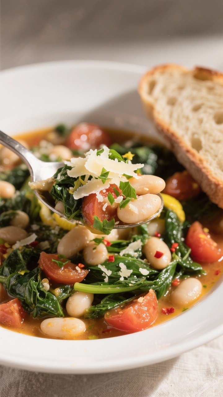 Final dish, close-up detail: A heaping spoonful of White Bean & Spinach Protein Skillet plated in a 