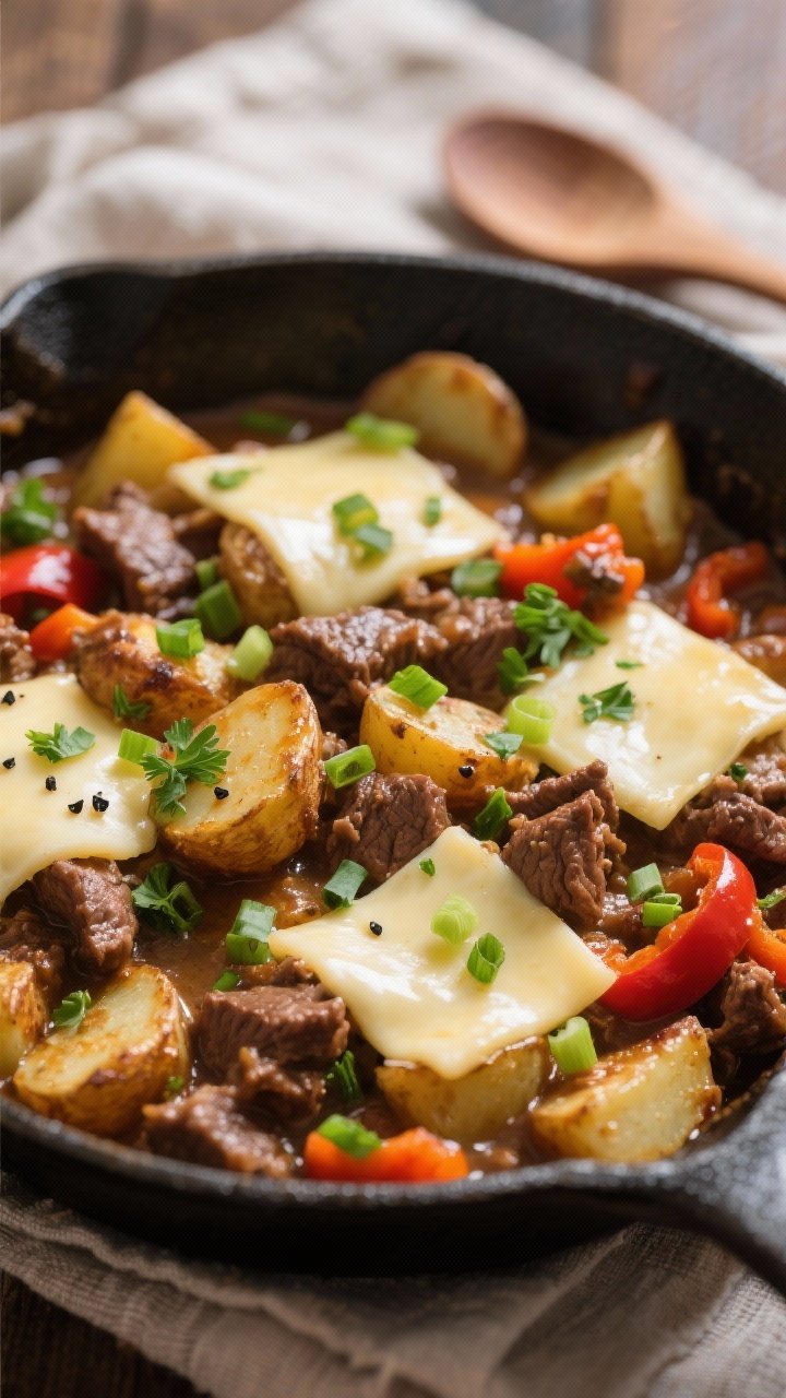 Final dish, close-up: Tight, shallow-depth close-up of the finished Simple Beef and Potato Skillet p