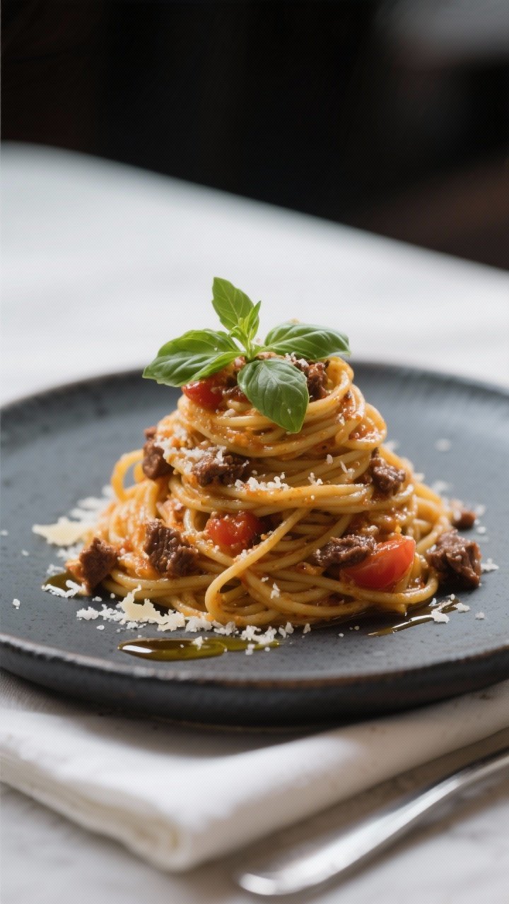 Final dish, date-night presentation: Single-serve portion of spaghetti twirled into a tall nest, sau