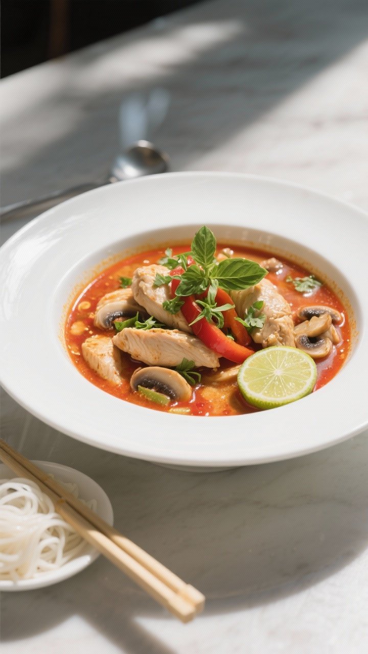 Final dish glamor plate: Restaurant-quality presentation of Spicy Thai Coconut Chicken Soup in a wid