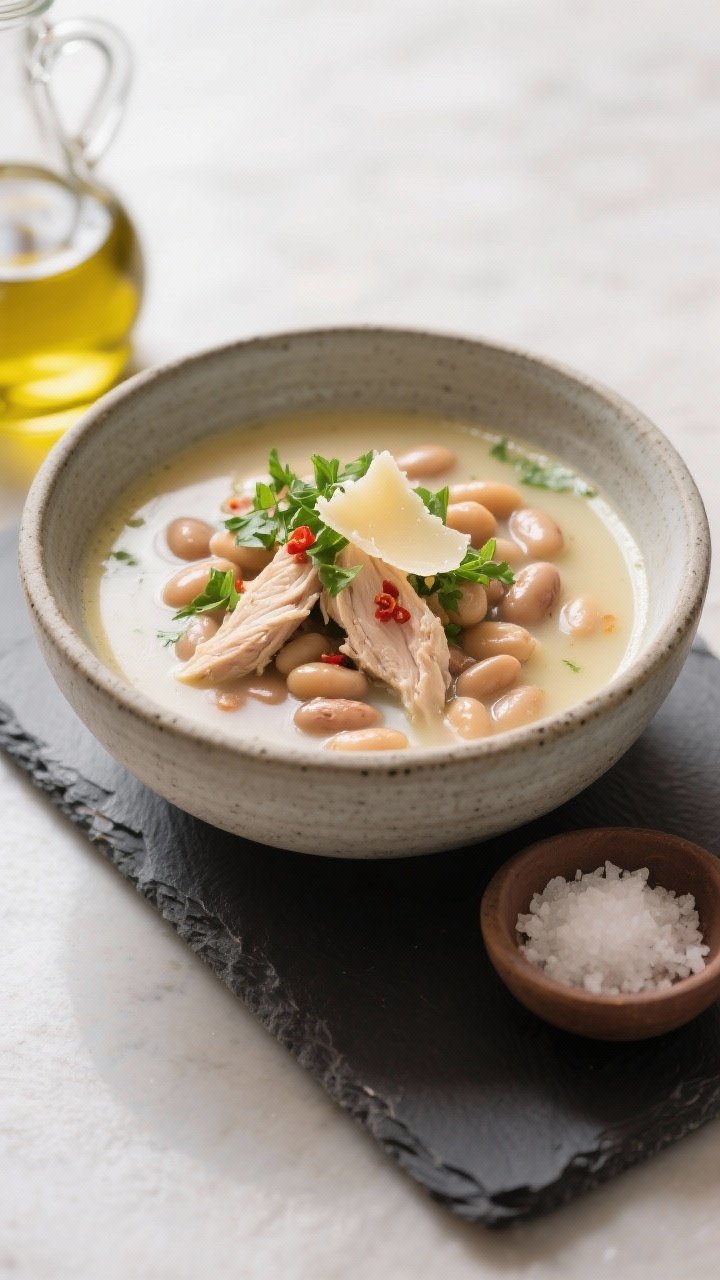 Final dish hero: Restaurant-quality presentation of Tuscan Chicken Soup with a silky, lightly creamy