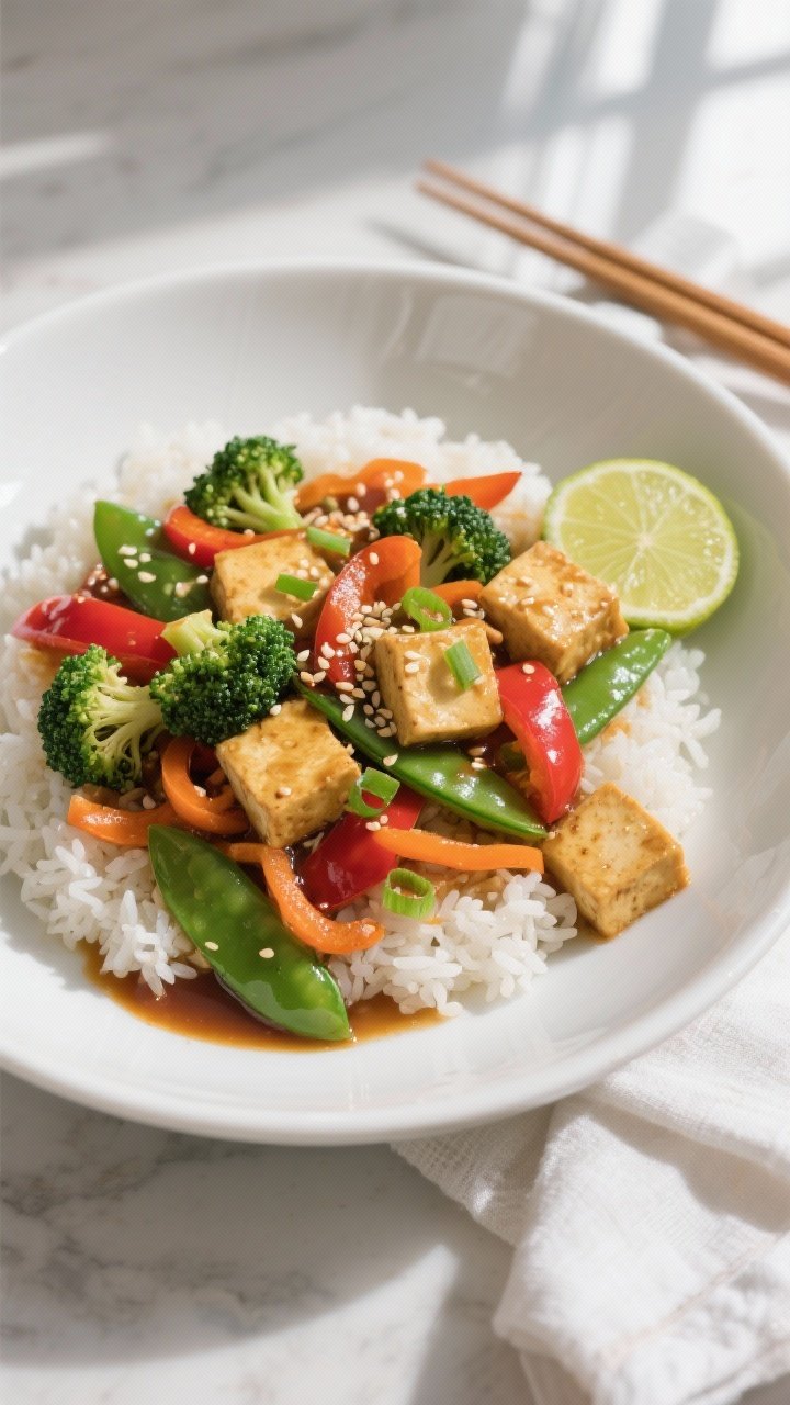 Final dish, overhead: High-protein tofu stir fry plated over fluffy jasmine rice in a wide, shallow