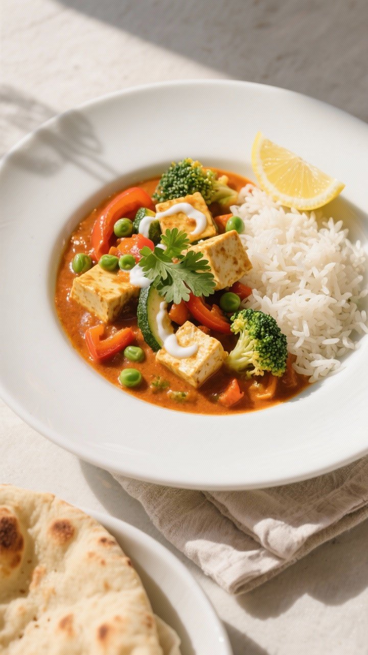 Final dish/overhead plated: Overhead shot of High-Protein Paneer Veggie Curry plated in a wide white