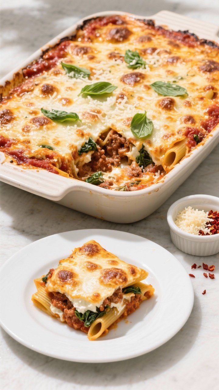 Final dish, overhead presentation: Overhead shot of the finished High-Protein Spinach & Ricotta Bake