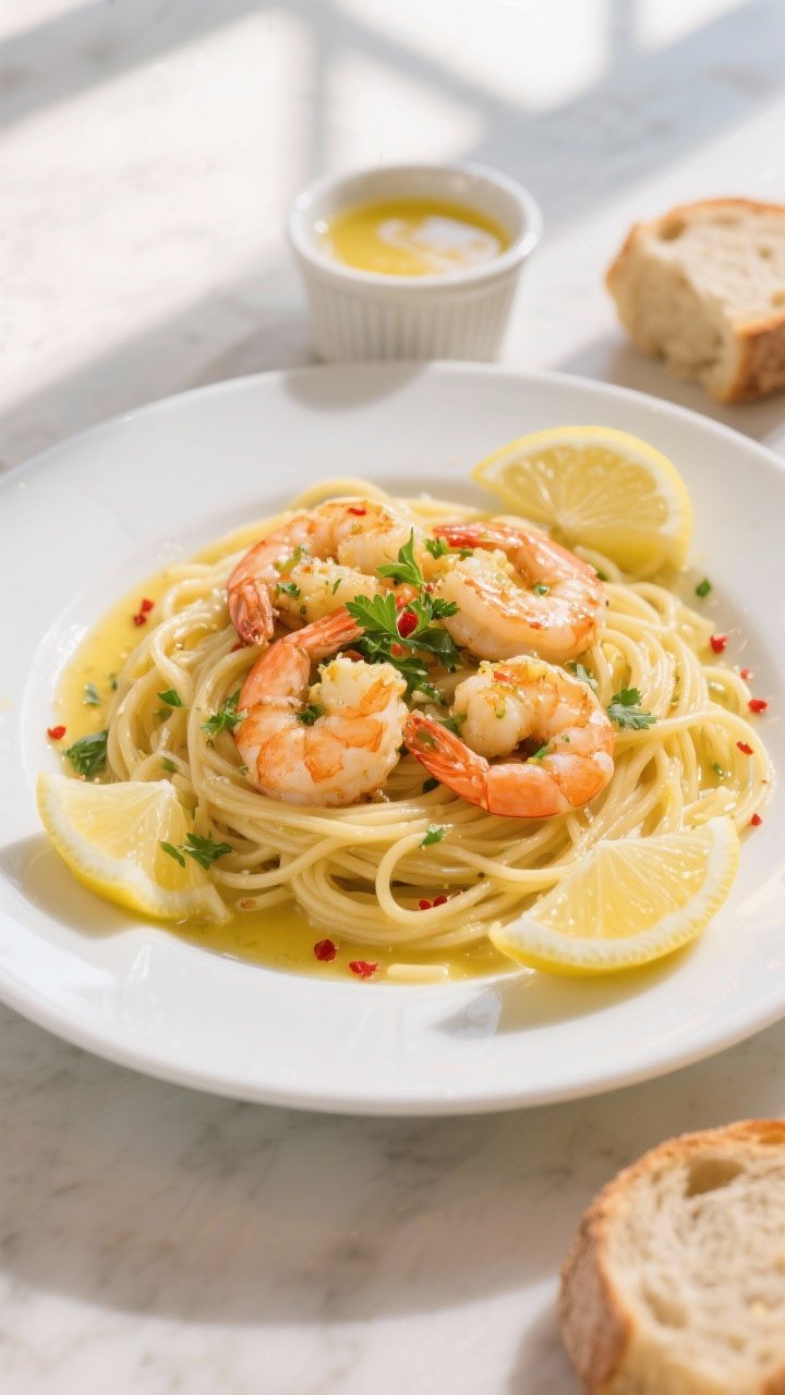 Final dish overhead: Quick Lemon Butter Shrimp served over al dente linguine on a wide white ceramic