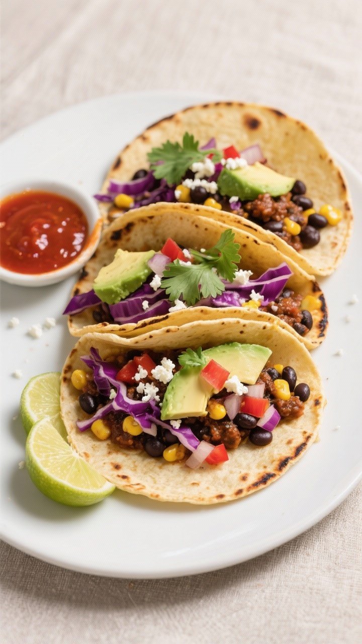 Final dish — Overhead shot of assembled Spicy Black Bean and Corn Tacos: warm, lightly charred cor
