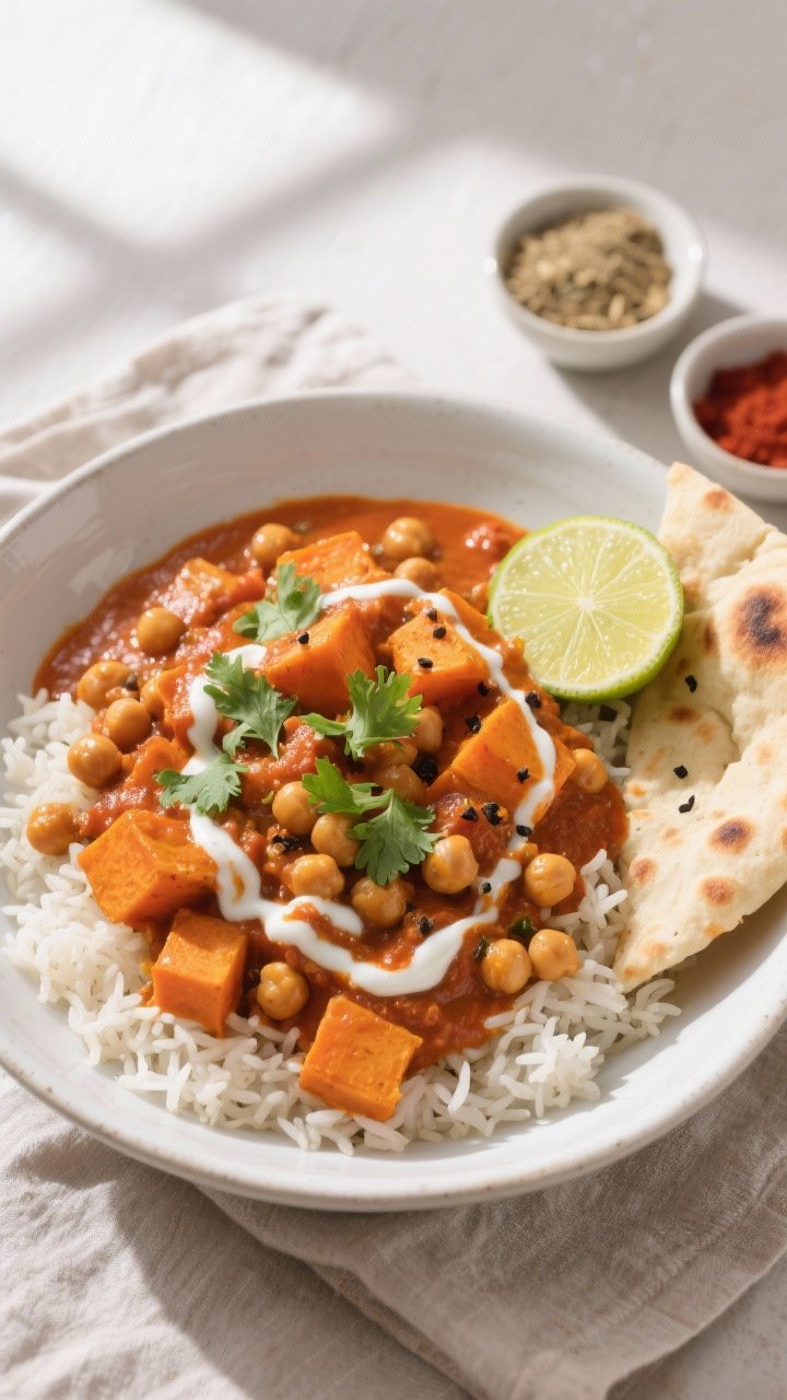 Final dish — Overhead shot of chickpea and sweet potato curry served over fluffy basmati rice in a