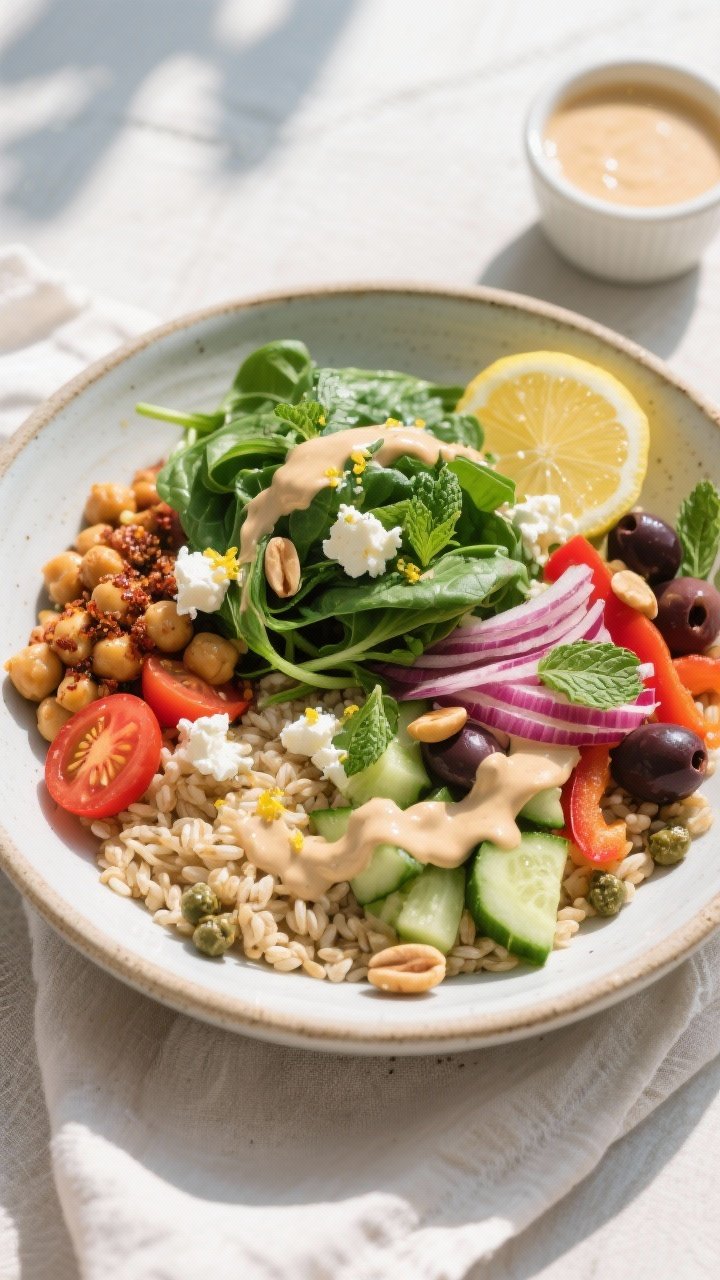 Final dish, : Overhead shot of Mediterranean Veggie Grain Bowl artfully layered—fluffy farro base,